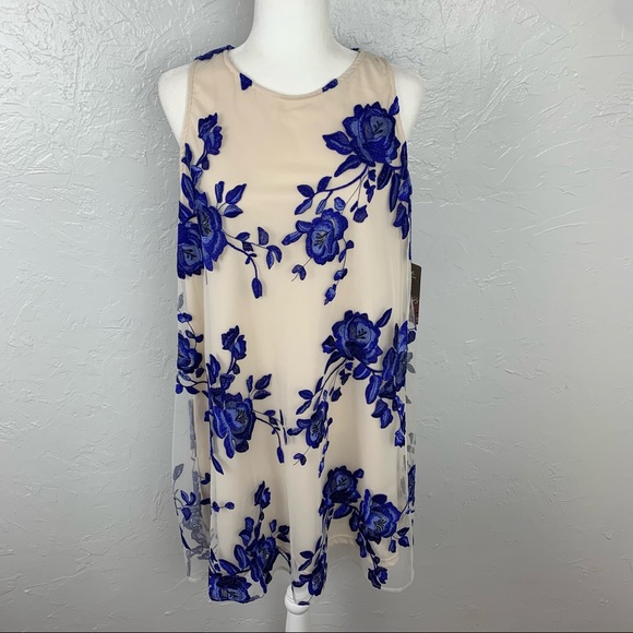 NWT Beige by Eci blue embroidered Floral A-line flowy tulle dress L - Picture 1 of 11